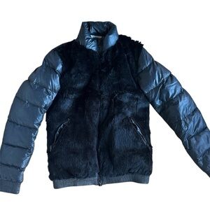 Elizabeth and James | Austin black puffer jacket down fill front rabbit fur XS